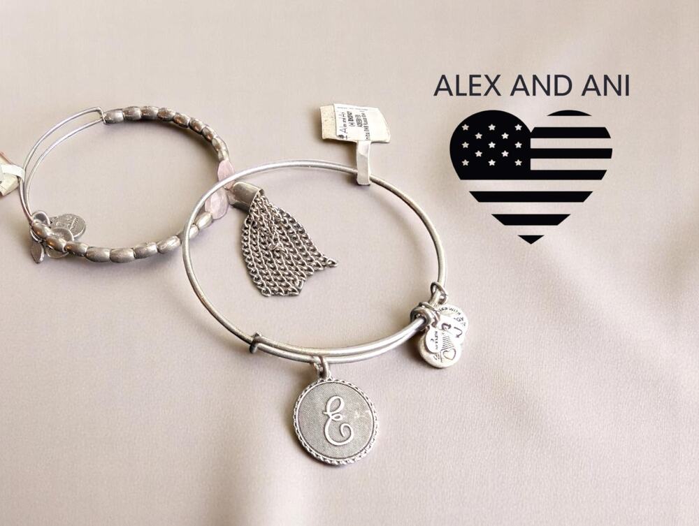 Alex and Ani Silver Bracelet Set – Rose Quartz Tassel + “E” Initial Charm – NWT